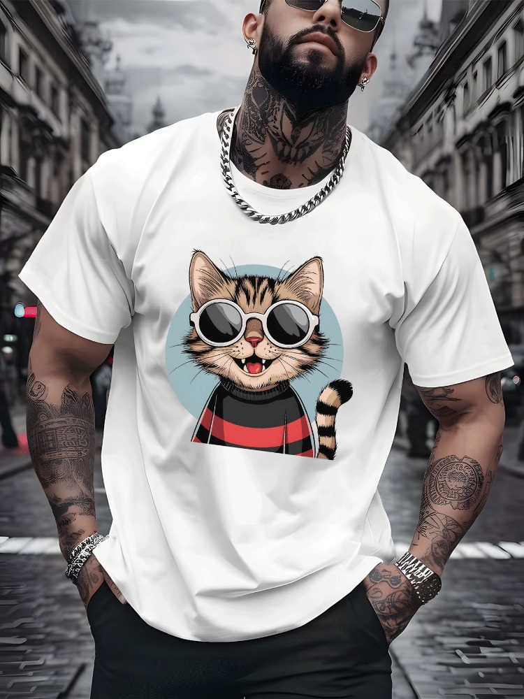 Vintage Fashion Outfits Men - T-shirt vintage in cotone con gatto,